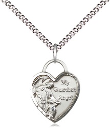 [3402SS/18S] Sterling Silver Guardian Angel Heart Pendant on a 18 inch Light Rhodium Light Curb chain