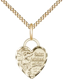 [3403GF/18G] 14kt Gold Filled Saint Michael Heart Pendant on a 18 inch Gold Plate Light Curb chain