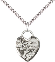 [3403SS/18S] Sterling Silver Saint Michael Heart Pendant on a 18 inch Light Rhodium Light Curb chain