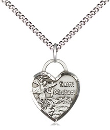 [3403SS/18S] Sterling Silver Saint Michael Heart Pendant on a 18 inch Light Rhodium Light Curb chain