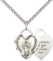 [3409SS/18S] Sterling Silver Our Lady of Guadalupe Heart Pendant on a 18 inch Light Rhodium Light Curb chain