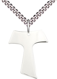 [3949SS/24S] Sterling Silver Tau Cross Pendant on a 24 inch Light Rhodium Heavy Curb chain