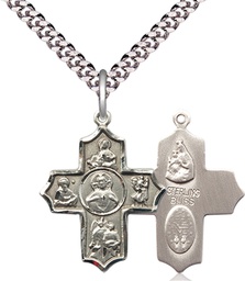 [5719SS/24S] Sterling Silver Sacred Heart 5-Way Pendant on a 24 inch Light Rhodium Heavy Curb chain