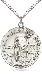 [5898SS/24SS] Sterling Silver Saint Kateri Pendant on a 24 inch Sterling Silver Heavy Curb chain