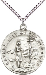 [5898SS/24SS] Sterling Silver Saint Kateri Pendant on a 24 inch Sterling Silver Heavy Curb chain