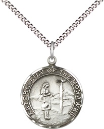 [5899SS/18S] Sterling Silver Saint Kateri Pendant on a 18 inch Light Rhodium Light Curb chain