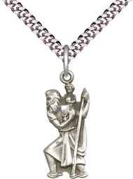 [5903SS/24S] Sterling Silver Saint Christopher Pendant on a 24 inch Light Rhodium Heavy Curb chain