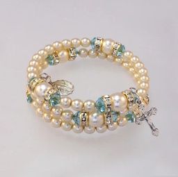 [14298/AQ] Spiral Rondelle Rosary Bracelet - Aqua/Pearl