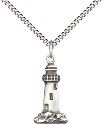 [5922SS/18S] Sterling Silver Lighthouse Pendant on a 18 inch Light Rhodium Light Curb chain