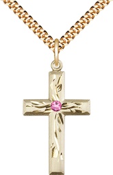 [5924GF-STN10/24G] 14kt Gold Filled Cross Pendant with a 3mm Rose Swarovski stone on a 24 inch Gold Plate Heavy Curb chain