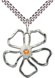 [5109SS-STN11/24S] Sterling Silver Five Petal Flower Pendant with a 3mm Topaz Swarovski stone on a 24 inch Light Rhodium Heavy Curb chain