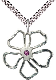 [5109SS-STN2/24S] Sterling Silver Five Petal Flower Pendant with a 3mm Amethyst Swarovski stone on a 24 inch Light Rhodium Heavy Curb chain