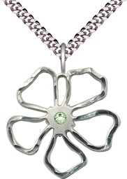 [5109SS-STN8/24S] Sterling Silver Five Petal Flower Pendant with a 3mm Peridot Swarovski stone on a 24 inch Light Rhodium Heavy Curb chain