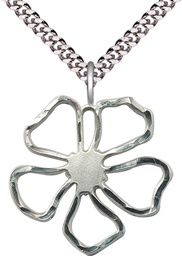 [5109SS/24S] Sterling Silver Five Petal Flower Pendant on a 24 inch Light Rhodium Heavy Curb chain