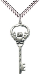 [5110SS/24S] Sterling Silver Key w/Claddagh Pendant on a 24 inch Light Rhodium Heavy Curb chain