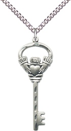 [5110SS/24SS] Sterling Silver Key w/Claddagh Pendant on a 24 inch Sterling Silver Heavy Curb chain