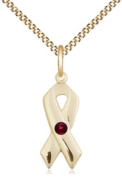 [5150GF-STN1/18G] 14kt Gold Filled Cancer Awareness Pendant with a 3mm Garnet Swarovski stone on a 18 inch Gold Plate Light Curb chain