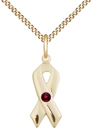 [5150GF-STN1/18G] 14kt Gold Filled Cancer Awareness Pendant with a 3mm Garnet Swarovski stone on a 18 inch Gold Plate Light Curb chain