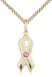[5150GF-STN10/18G] 14kt Gold Filled Cancer Awareness Pendant with a 3mm Rose Swarovski stone on a 18 inch Gold Plate Light Curb chain