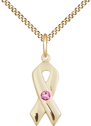 [5150GF-STN10/18G] 14kt Gold Filled Cancer Awareness Pendant with a 3mm Rose Swarovski stone on a 18 inch Gold Plate Light Curb chain