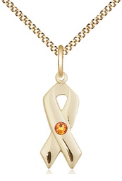 [5150GF-STN11/18G] 14kt Gold Filled Cancer Awareness Pendant with a 3mm Topaz Swarovski stone on a 18 inch Gold Plate Light Curb chain