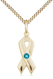 [5150GF-STN12/18G] 14kt Gold Filled Cancer Awareness Pendant with a 3mm Zircon Swarovski stone on a 18 inch Gold Plate Light Curb chain