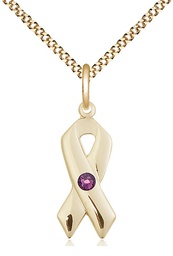 [5150GF-STN2/18G] 14kt Gold Filled Cancer Awareness Pendant with a 3mm Amethyst Swarovski stone on a 18 inch Gold Plate Light Curb chain