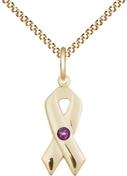 [5150GF-STN2/18G] 14kt Gold Filled Cancer Awareness Pendant with a 3mm Amethyst Swarovski stone on a 18 inch Gold Plate Light Curb chain