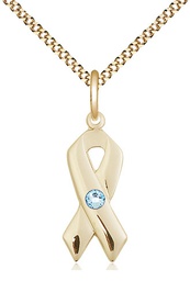 [5150GF-STN3/18G] 14kt Gold Filled Cancer Awareness Pendant with a 3mm Aqua Swarovski stone on a 18 inch Gold Plate Light Curb chain