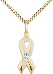 [5150GF-STN3/18G] 14kt Gold Filled Cancer Awareness Pendant with a 3mm Aqua Swarovski stone on a 18 inch Gold Plate Light Curb chain