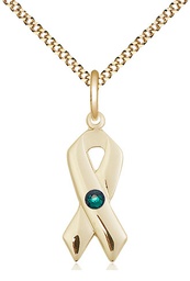 [5150GF-STN5/18G] 14kt Gold Filled Cancer Awareness Pendant with a 3mm Emerald Swarovski stone on a 18 inch Gold Plate Light Curb chain