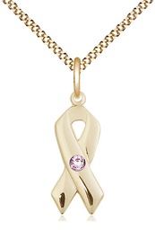 [5150GF-STN6/18G] 14kt Gold Filled Cancer Awareness Pendant with a 3mm Light Amethyst Swarovski stone on a 18 inch Gold Plate Light Curb chain