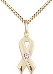 [5150GF-STN6/18G] 14kt Gold Filled Cancer Awareness Pendant with a 3mm Light Amethyst Swarovski stone on a 18 inch Gold Plate Light Curb chain