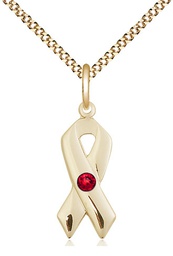 [5150GF-STN7/18G] 14kt Gold Filled Cancer Awareness Pendant with a 3mm Ruby Swarovski stone on a 18 inch Gold Plate Light Curb chain