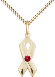 [5150GF-STN7/18G] 14kt Gold Filled Cancer Awareness Pendant with a 3mm Ruby Swarovski stone on a 18 inch Gold Plate Light Curb chain