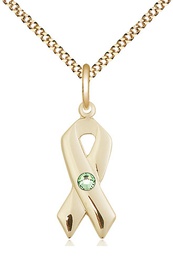 [5150GF-STN8/18G] 14kt Gold Filled Cancer Awareness Pendant with a 3mm Peridot Swarovski stone on a 18 inch Gold Plate Light Curb chain