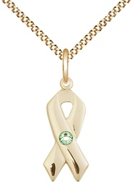 [5150GF-STN8/18G] 14kt Gold Filled Cancer Awareness Pendant with a 3mm Peridot Swarovski stone on a 18 inch Gold Plate Light Curb chain