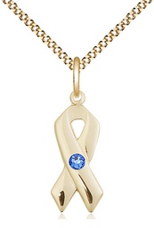 [5150GF-STN9/18G] 14kt Gold Filled Cancer Awareness Pendant with a 3mm Sapphire Swarovski stone on a 18 inch Gold Plate Light Curb chain