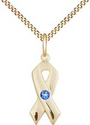 [5150GF-STN9/18G] 14kt Gold Filled Cancer Awareness Pendant with a 3mm Sapphire Swarovski stone on a 18 inch Gold Plate Light Curb chain