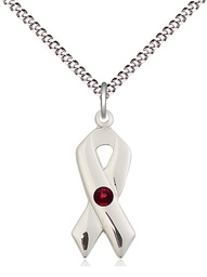 [5150SS-STN1/18S] Sterling Silver Cancer Awareness Pendant with a 3mm Garnet Swarovski stone on a 18 inch Light Rhodium Light Curb chain