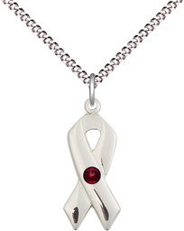 [5150SS-STN1/18S] Sterling Silver Cancer Awareness Pendant with a 3mm Garnet Swarovski stone on a 18 inch Light Rhodium Light Curb chain