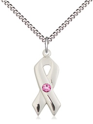 [5150SS-STN10/18S] Sterling Silver Cancer Awareness Pendant with a 3mm Rose Swarovski stone on a 18 inch Light Rhodium Light Curb chain