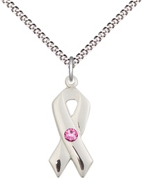 [5150SS-STN10/18S] Sterling Silver Cancer Awareness Pendant with a 3mm Rose Swarovski stone on a 18 inch Light Rhodium Light Curb chain