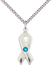 [5150SS-STN12/18S] Sterling Silver Cancer Awareness Pendant with a 3mm Zircon Swarovski stone on a 18 inch Light Rhodium Light Curb chain