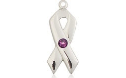 [5150SS-STN2] Sterling Silver Cancer Awareness Medal with a 3mm Amethyst Swarovski stone