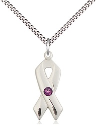 [5150SS-STN2/18S] Sterling Silver Cancer Awareness Pendant with a 3mm Amethyst Swarovski stone on a 18 inch Light Rhodium Light Curb chain