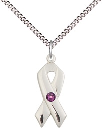 [5150SS-STN2/18S] Sterling Silver Cancer Awareness Pendant with a 3mm Amethyst Swarovski stone on a 18 inch Light Rhodium Light Curb chain