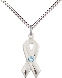 [5150SS-STN3/18S] Sterling Silver Cancer Awareness Pendant with a 3mm Aqua Swarovski stone on a 18 inch Light Rhodium Light Curb chain