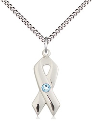 [5150SS-STN3/18S] Sterling Silver Cancer Awareness Pendant with a 3mm Aqua Swarovski stone on a 18 inch Light Rhodium Light Curb chain