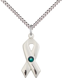 [5150SS-STN5/18S] Sterling Silver Cancer Awareness Pendant with a 3mm Emerald Swarovski stone on a 18 inch Light Rhodium Light Curb chain